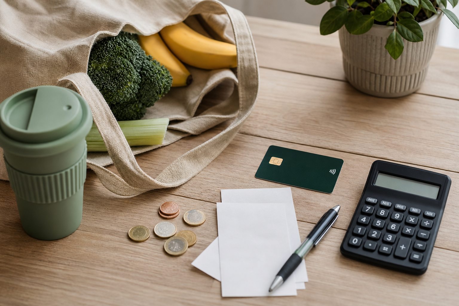 Planejamento financeiro com calculadora, dinheiro e itens cotidianos para viver na Irlanda