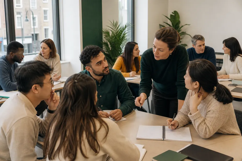 Professor acompanhando estudantes internacionais em uma aula de inglês.